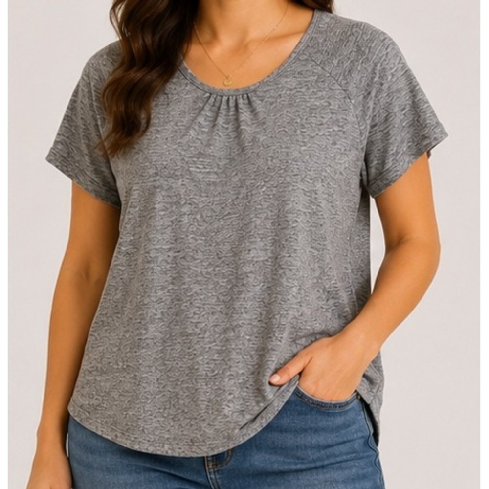 Gap Softspun Pleated Scoop Neck Top Grey Marl Short Sleeve Raglan Shirt M 294A2